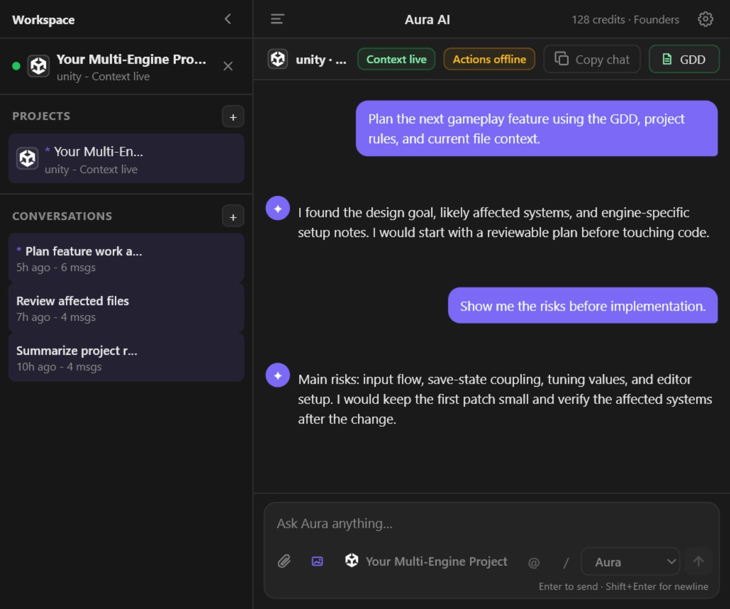 Aura AI panel showing project context, GDD access, chat history, and a Unity workflow