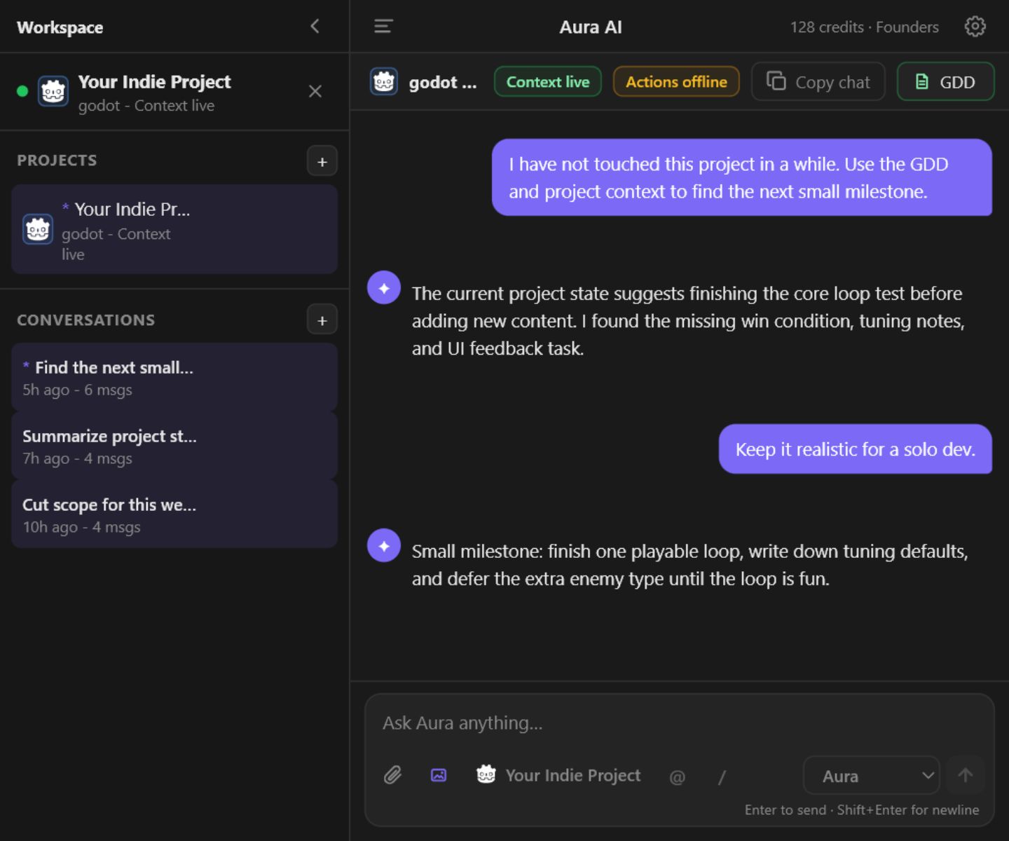 Aura AI panel showing an indie game project, GDD access, and development chat
