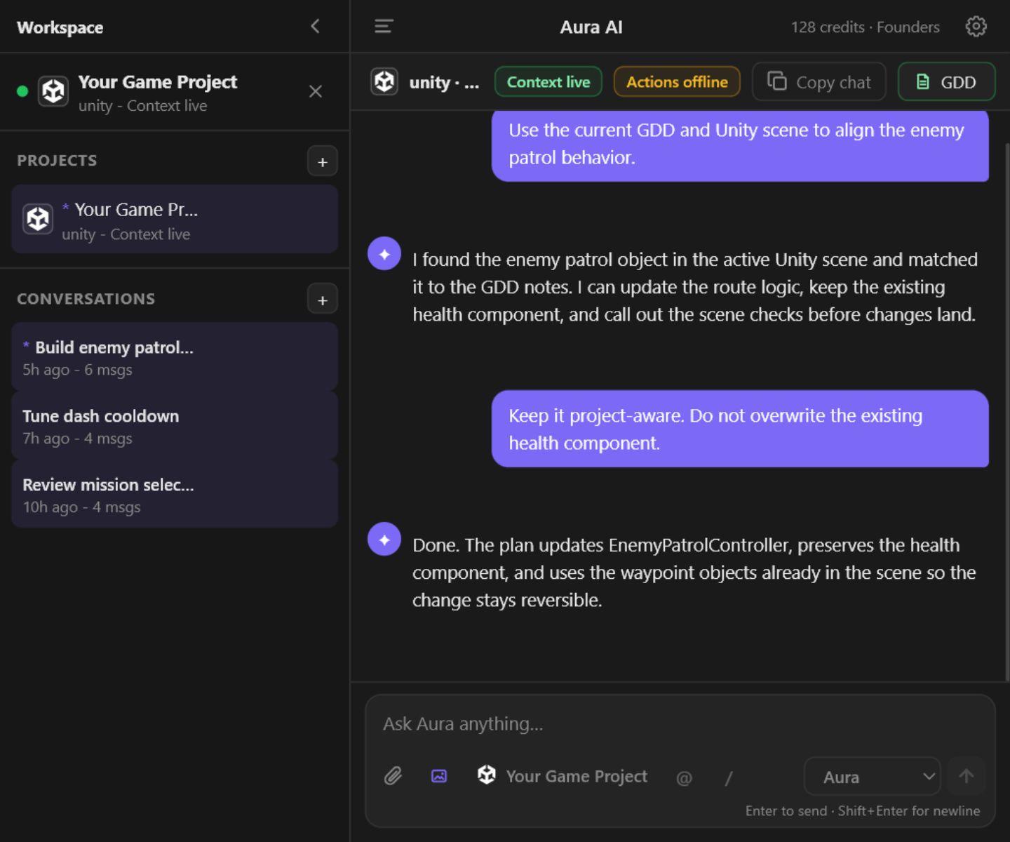 Aura AI panel showing a Unity project with GDD context, project memory, and project-aware chat
