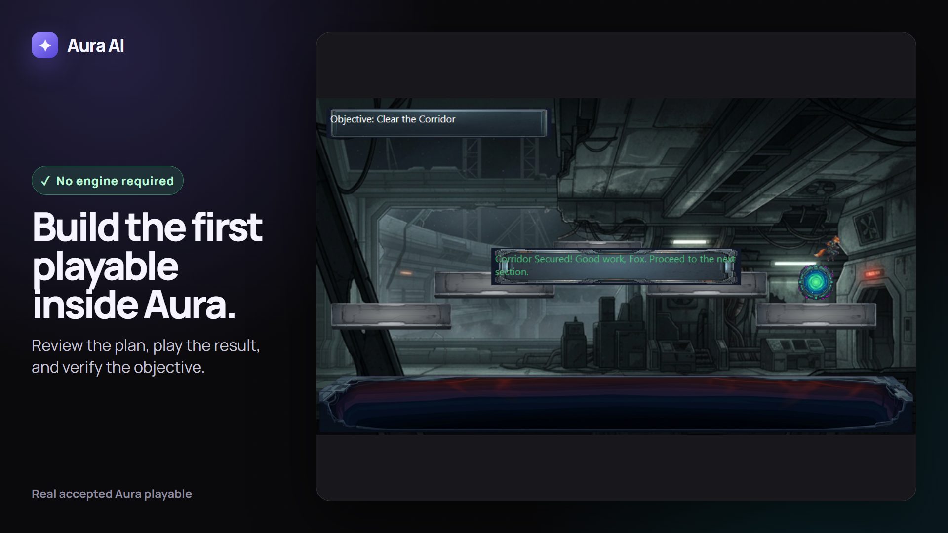Aura's installed playable showing a humanoid fox moving through a layered space station and defeating a turret.