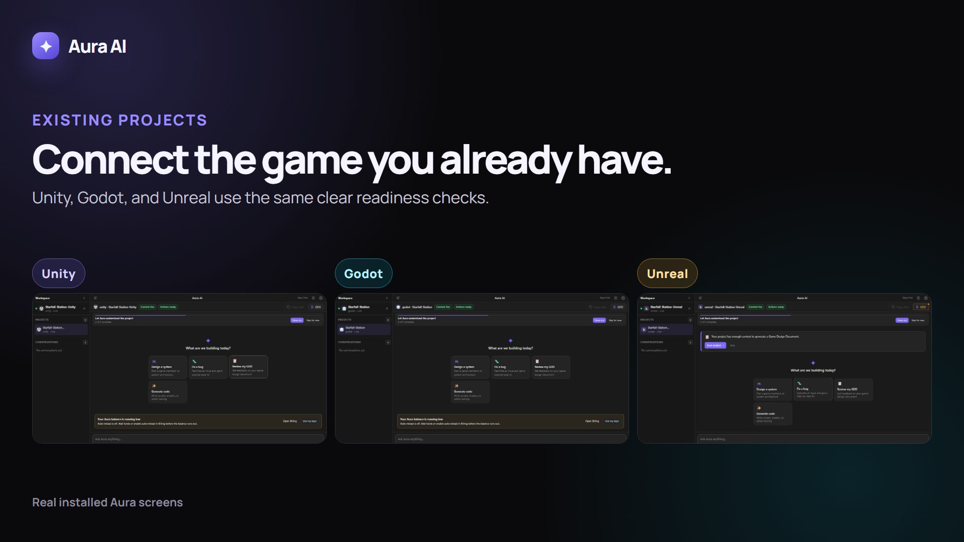 Real installed Aura screens showing connected Unity, Godot, and Unreal projects with Context live and Actions ready.