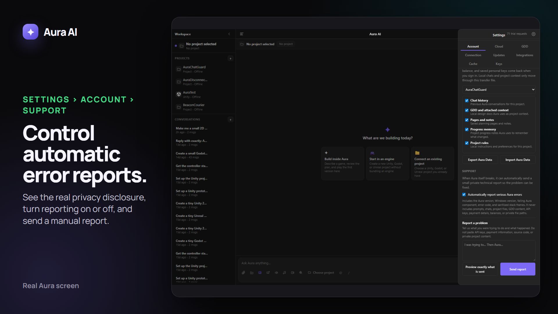 Aura AI Settings, Account, Support section showing private automatic serious-error reporting controls.